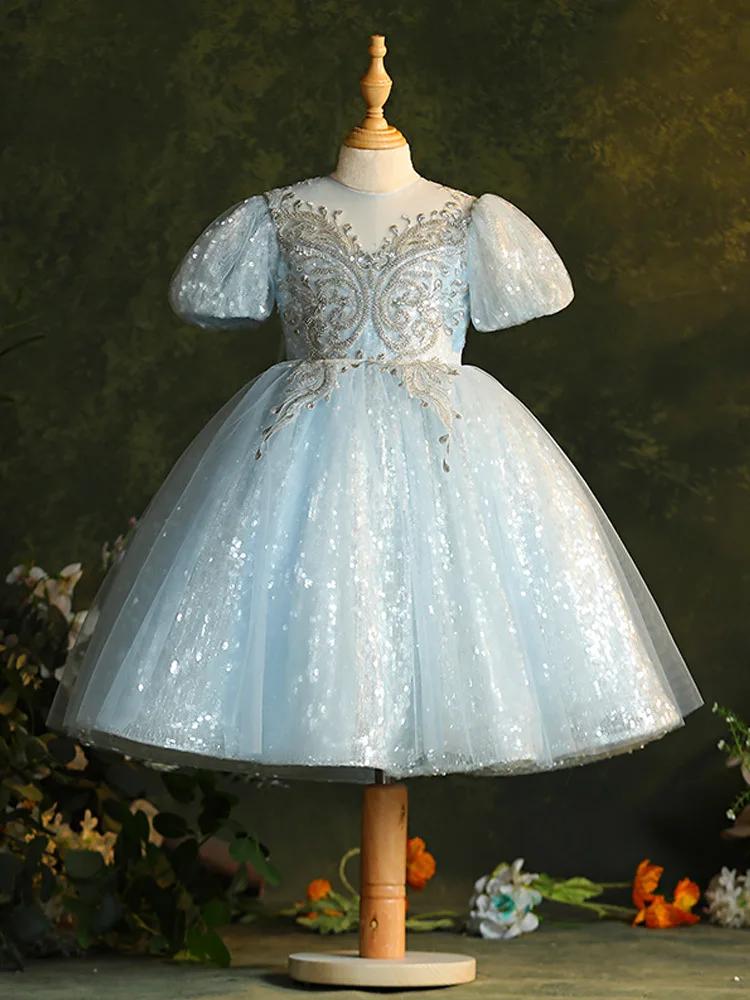 

Dress for Young Girls Kids Sequined Blue Ball Gowns Girl's Ceremonial Dresses Children Formal Occasion Clothes Infant Partywear