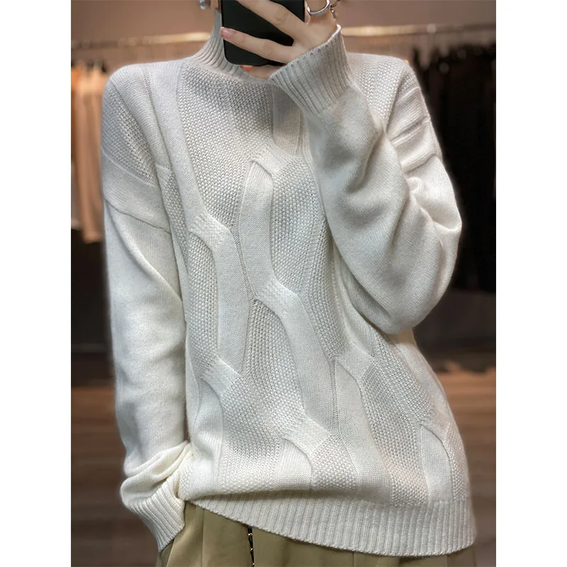 

100% Wool And Cashmere Women's Pullover High Neck Autumn/Winter 2022 New Heavy Drop Shoulder Sleeves Knitted Sweater Loose Top