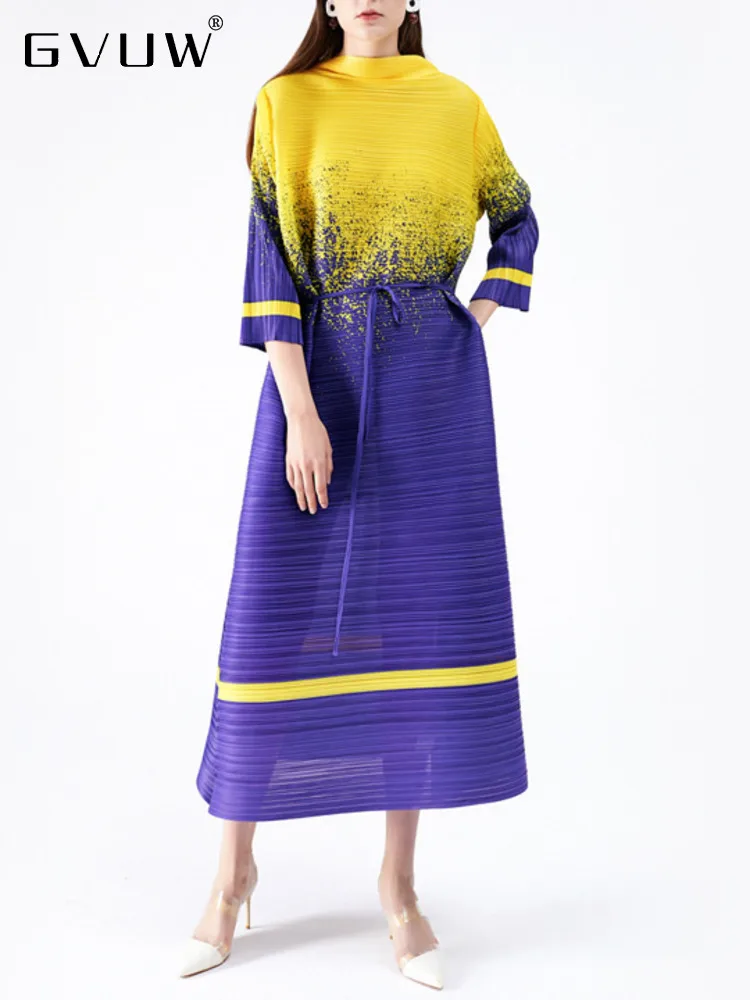 

GVUW Woman Fashion Pleated Dress Splash Dot Print Lace-up Stand Neck Three Quarter Sleeve Long Dresses 2023 Spring New 17G0955