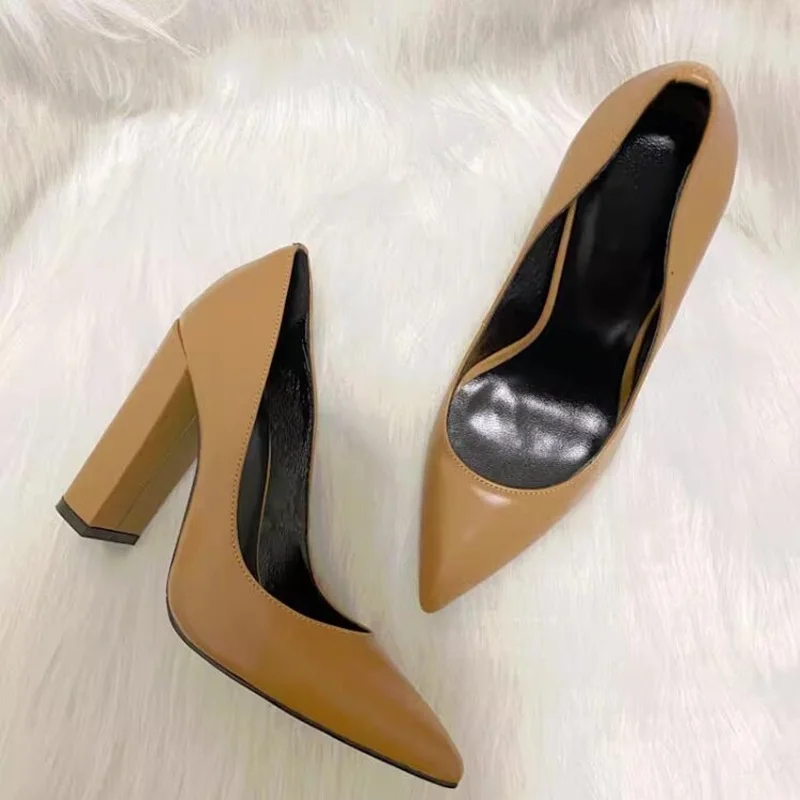 

Brown Matte Leather Pointed Toe Chunky Heels Pumps Slip On High Sqaure Heels Women Banquet Dress Shoes Spring Autumn Footwear