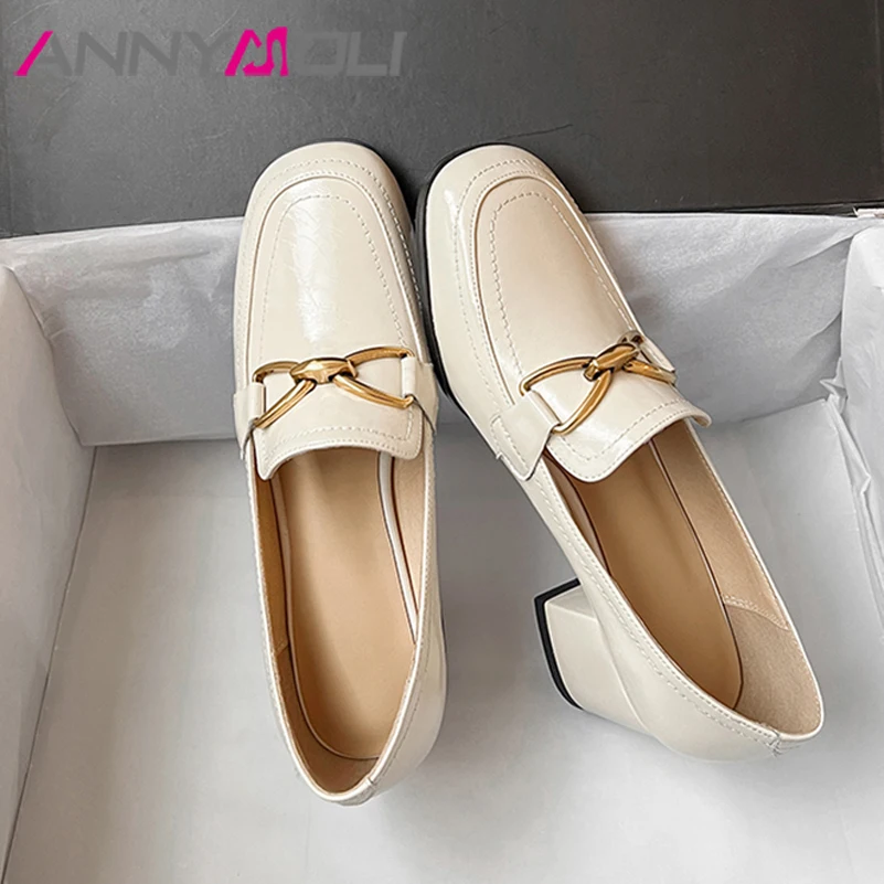 

ANNYMOLI Women Genuine Leather Loafers Shoes Chunky Heels Chain Pumps Square Toe High Heel Lady Footweat Autumn Beige 2022 40-3