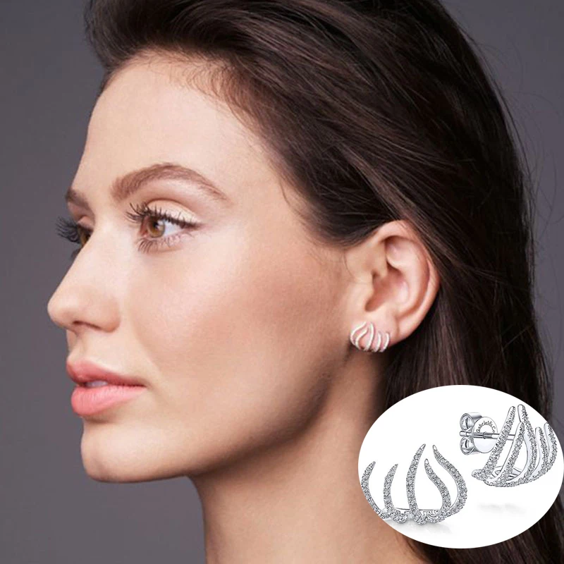 

Korean Style Five-claw Earrings White Temperament European and American Cold Wind Zircon Earrings Party Wedding Jewelry Decor