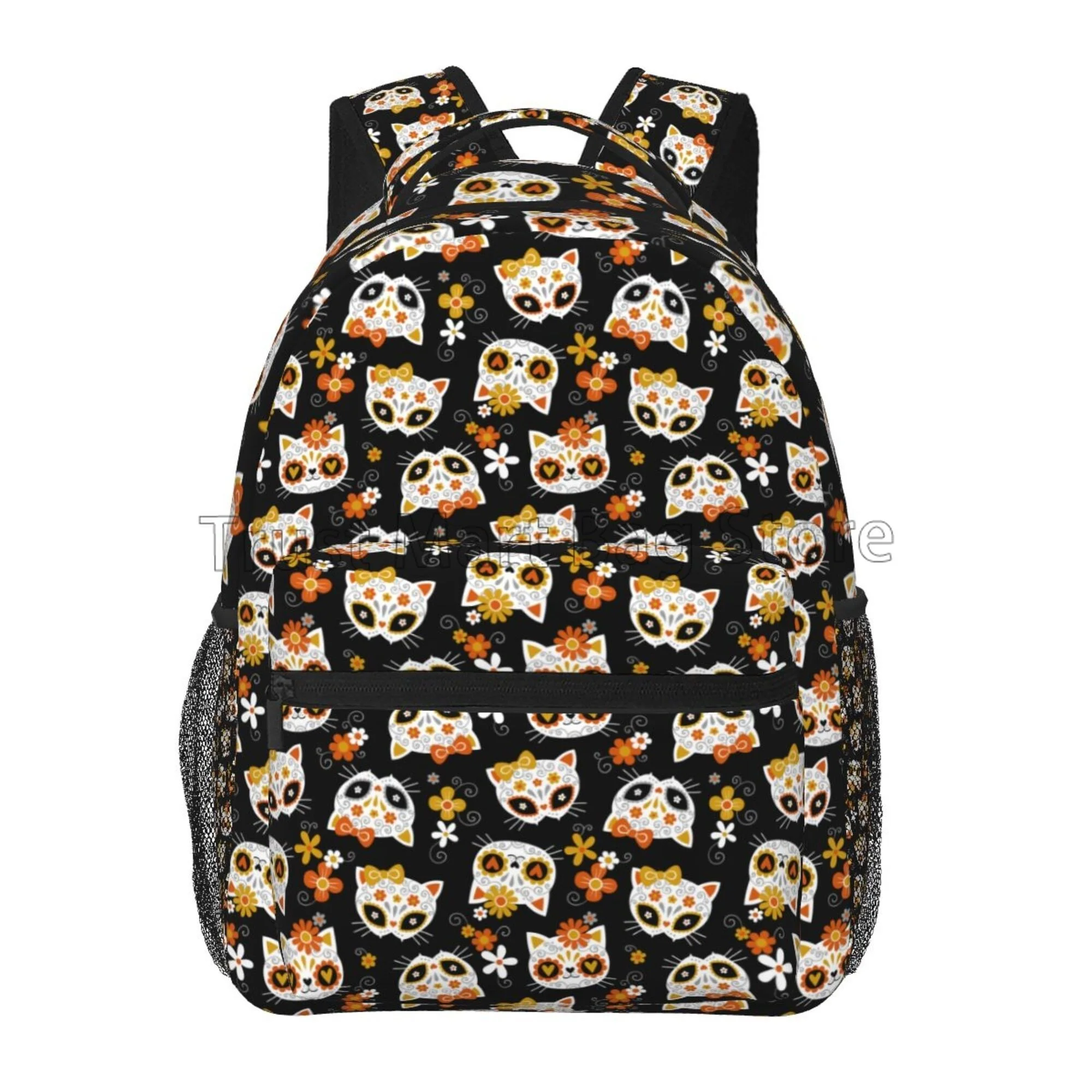 

Cute Sugar Cat Skulls and Flowers Travel Backpack for Women Girls Lightweight Travel Hiking Camping Daypack Casual Shoulder Bag