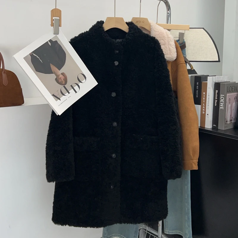 Korean Series 00% Wool Stand Collar Idle Sle Fur Integrated Outerwear Women 2024 Winter New Granular Fleece Coat
