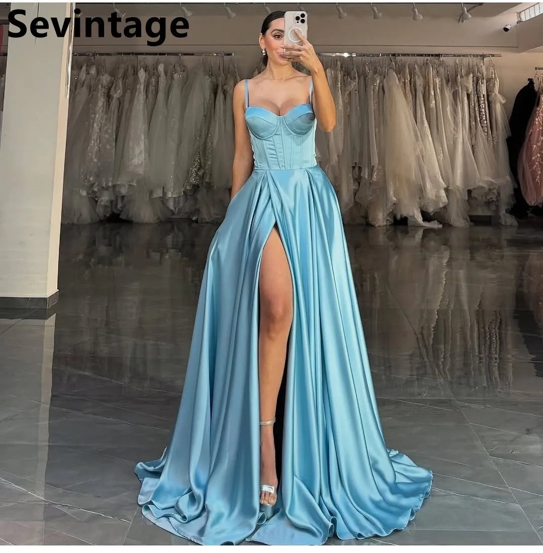 Sevintage 2025 синее вечернее платье трапециевидной формы с высоким разрезом на тонких