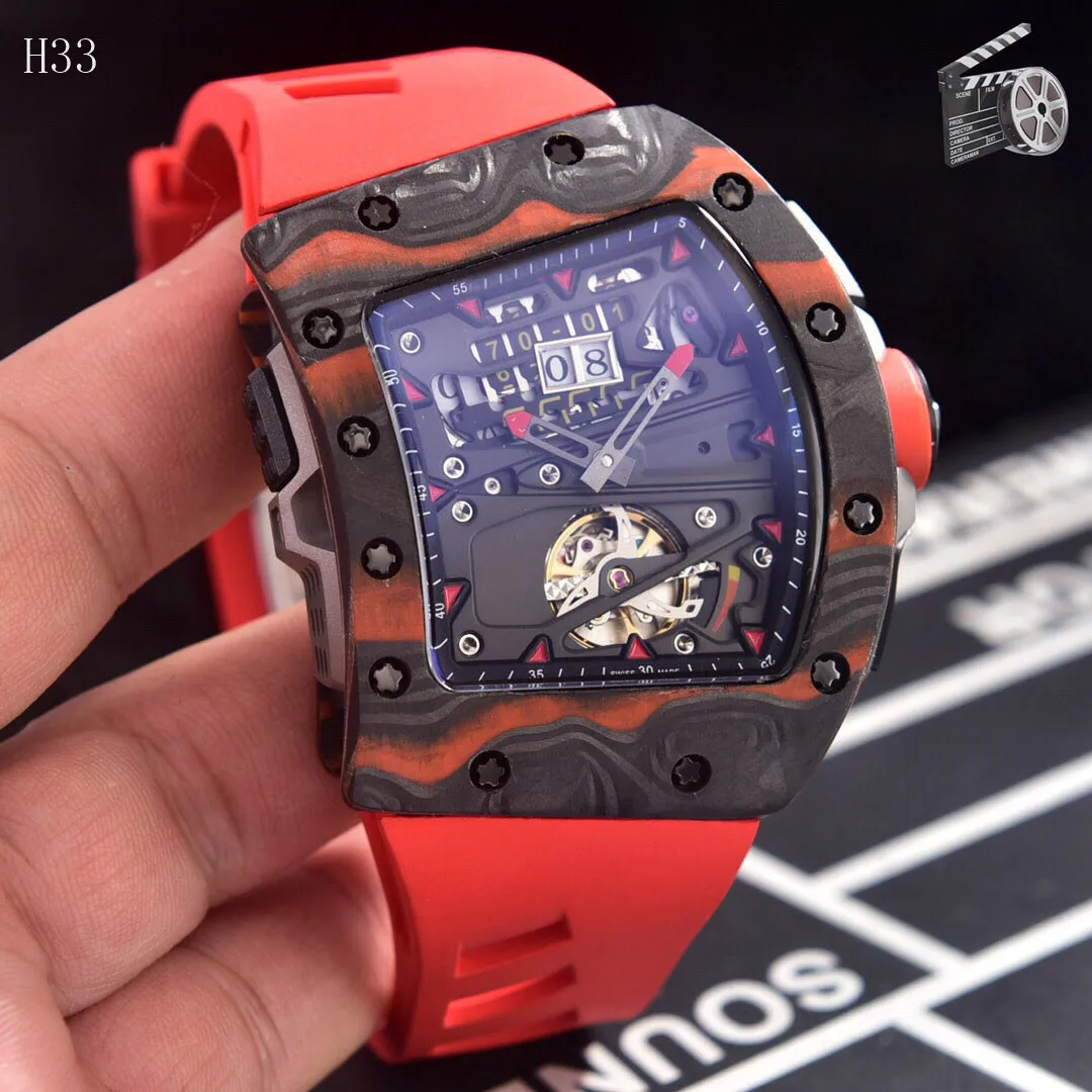 

Men Watch automatic mechanical Red Black Rubber Tourbillion Carbon Fiber