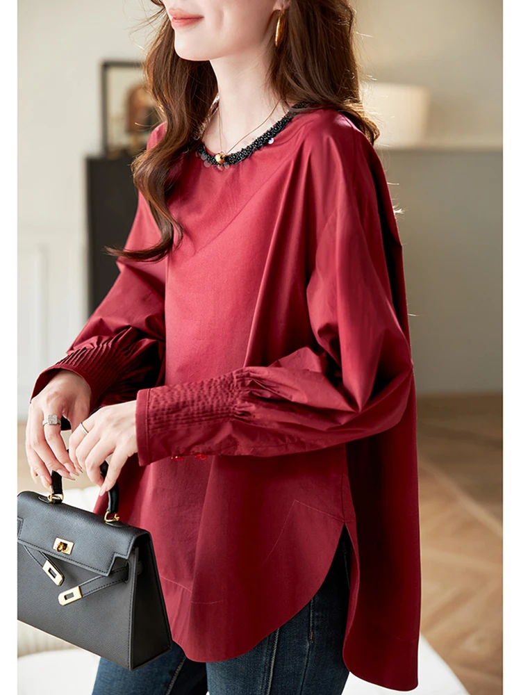 Baoshili круглый вырез с бусинами свободные красные рубашки для женщин осень и зима