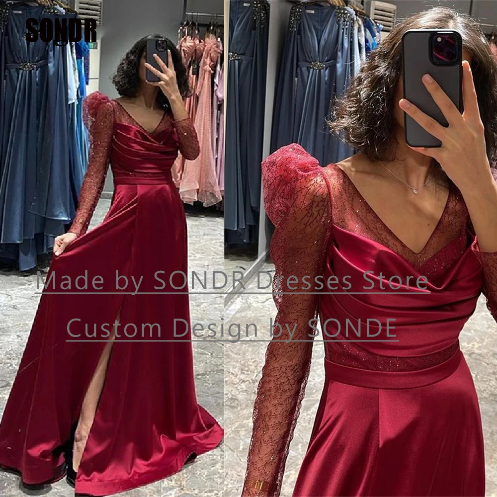 

SONDR Wine Red Tulle Long Satin Evening Party Dresses Long Sleeves Side Slit Sparkly Shiny Night Formal Prom Gown Dress