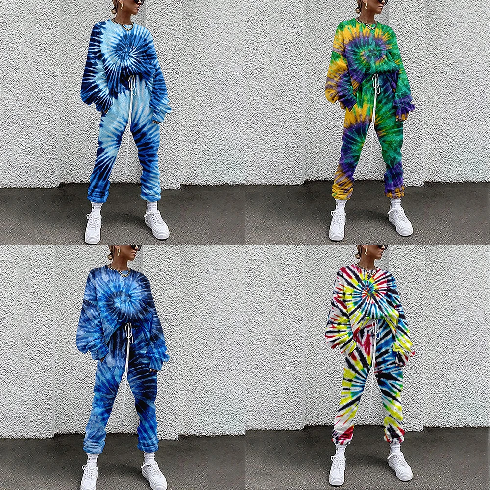 

Женская спортивная одежда из двух частей, спортивная одежда с принтом Tie Dye, Повседневный свитер + брюки, женская спортивная одежда