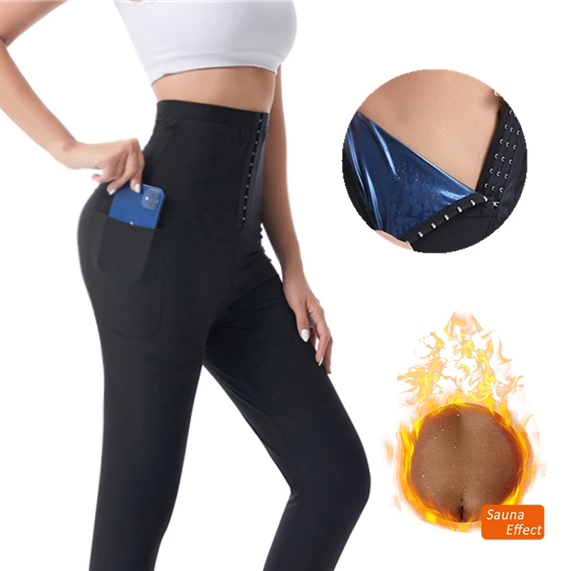 

Women Sauna Sweat Pants with Pocket Thermo Fat Control Legging Body Shapers Fitness Stretch Control Panties Waist Slim Shorts