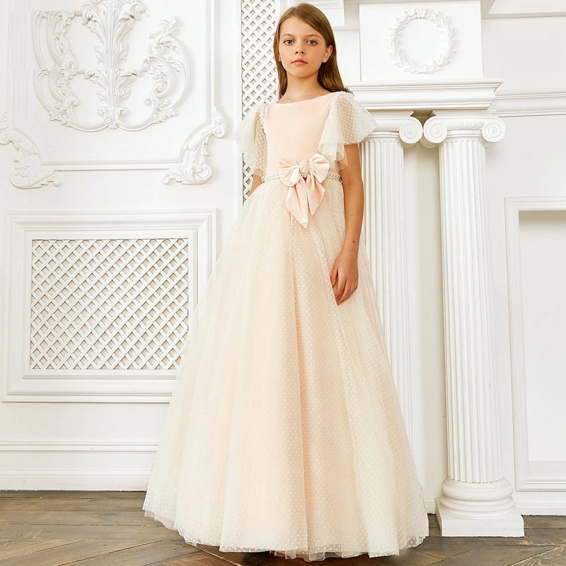 

Flower Girl Dresses Evening Children Wedding Princess Skirt Piano Performance Short Sleeve Scoop Gown