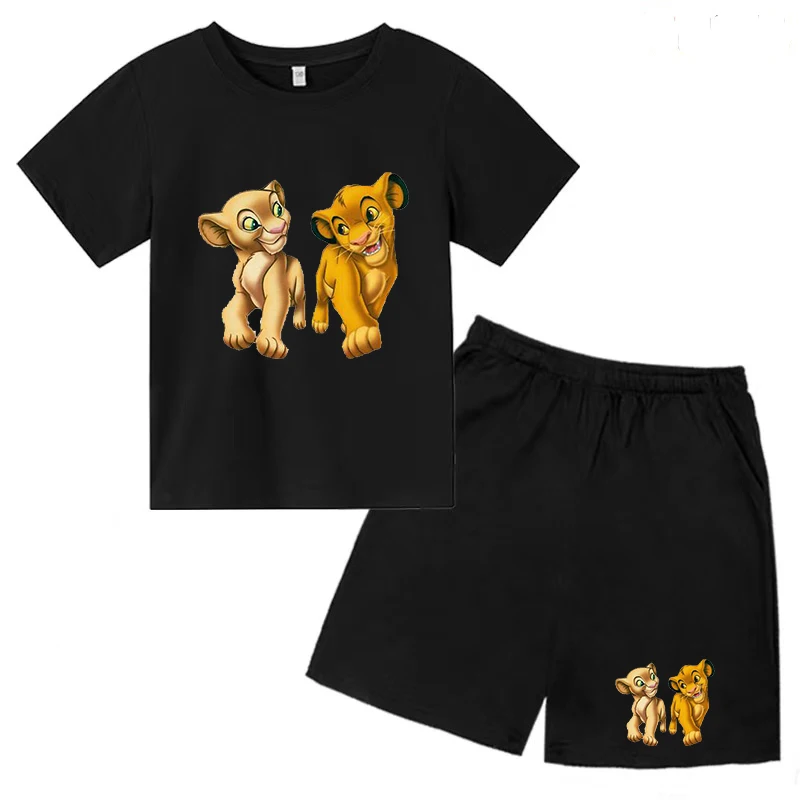 Lion King T-shirt Disney Brand Children's Anime Charm Clothes Boys and Girls Summer Casual Wear Short Sleeved Shorts 2-piece Set