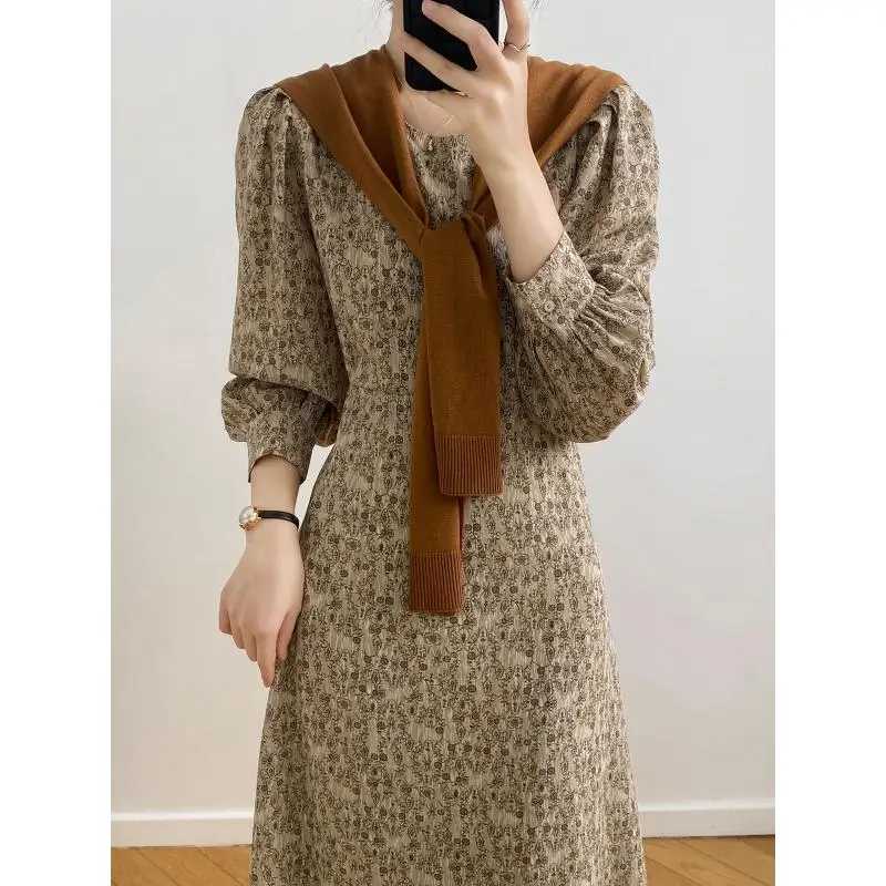 

Женское элегантное платье с цветочным принтом, длинное платье в южнокорейском стиле на шнуровке с пышными рукавами, осенние платья с длинным рукавом и высокой талией 2022