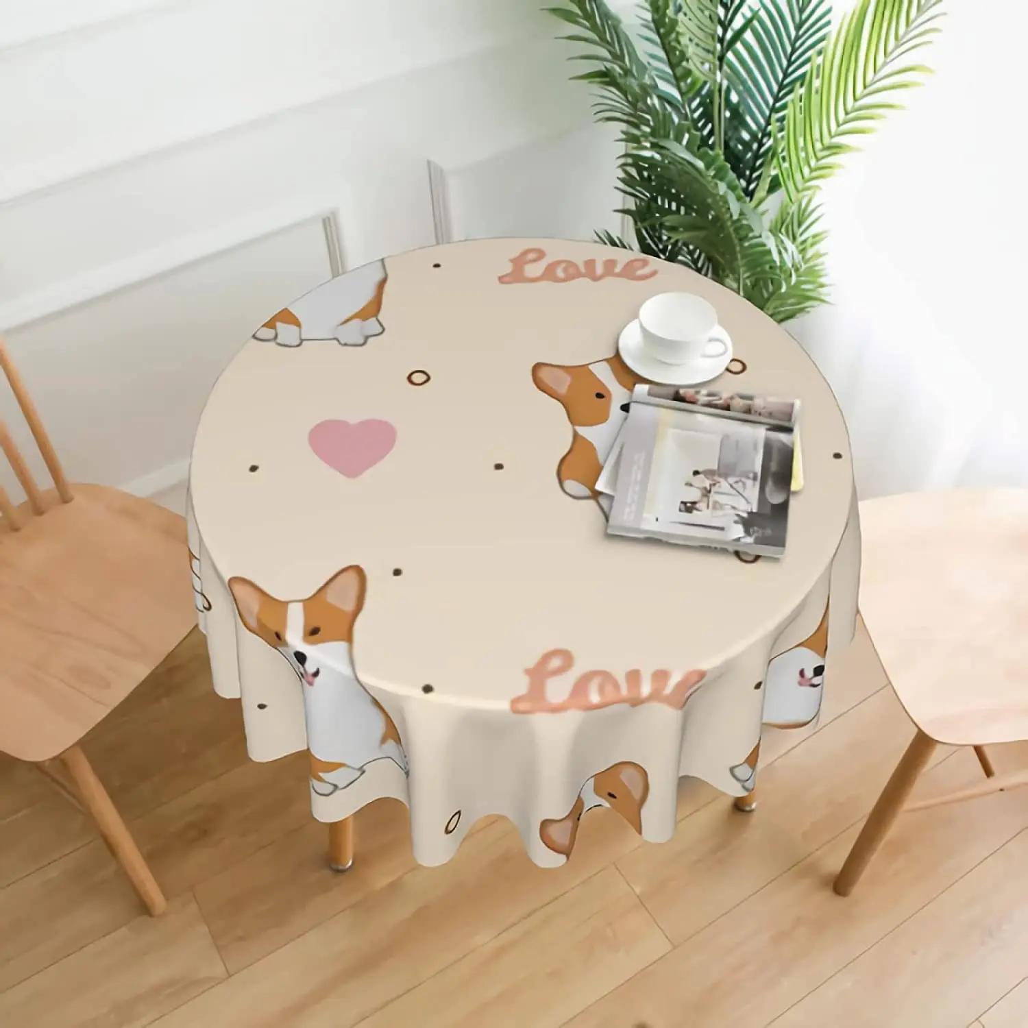 

Corgi Puppy with Hearts Round Tablecloth Farmhouse Cute Corgi Dogs Table Cloth Round Table Cloth for Home Dining Room Decoration