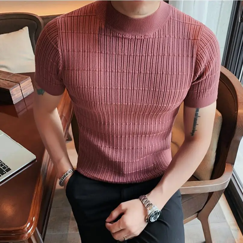 2022 Autumn Knitted T-shirt Men Slim Short Sleeve Sweater Half Turtleneck Casual Tee Tops Streetwear Bottoming Shirt Clothing