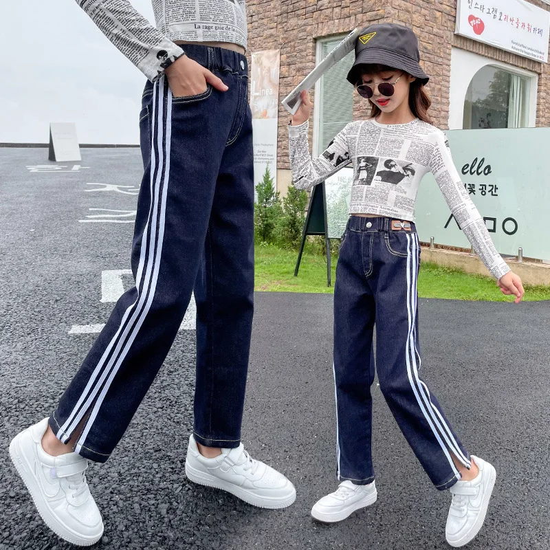 

Джинсовые брюки с высокой талией для девочек, широкие синие джинсы, винтажные качественные детские прямые брюки, повседневные стильные брю...