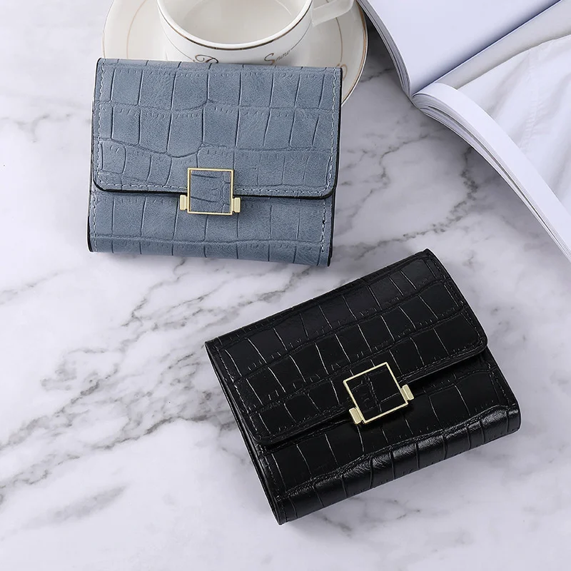 

Korean New Small Wallet Women's Short Solid Color Simple Plaid Pattern Three Fold Student Buckle Large Capacity Zero Wallet