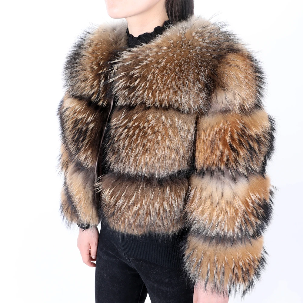 High Quality Winter Raccoon Fur Short Jacket Women's Real Raccoon Fur Round Neck Soft Outerwear Female Thick Warm Real Fur Coat