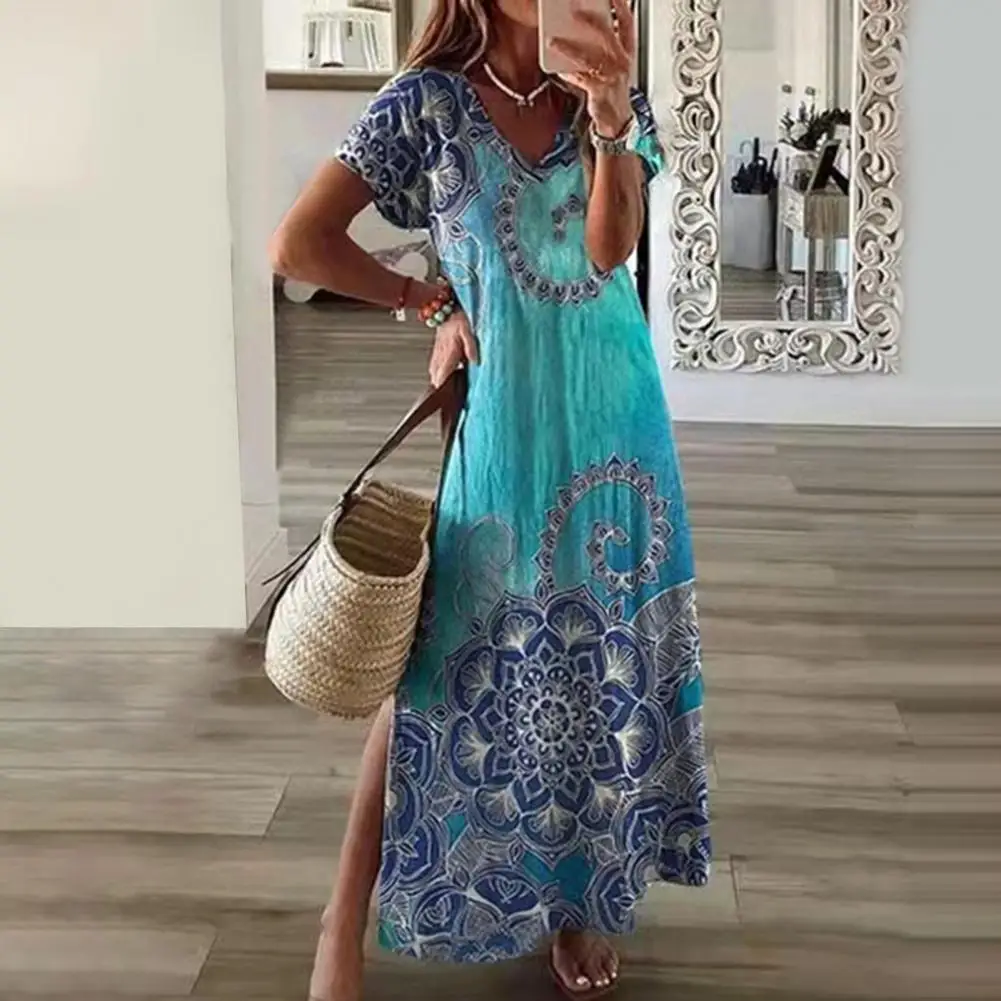 

Женское длинное платье с разрезом, летнее Стильное элегантное платье макси с винтажным узором для отпуска