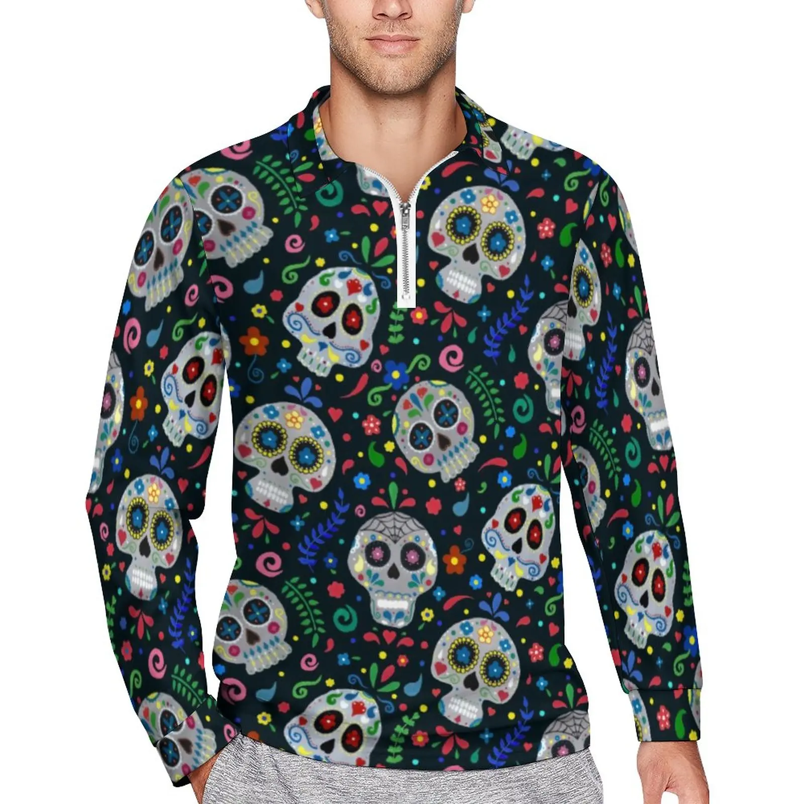 

Dia De Los Muertos Sugar Skull Polo Shirt Mens Floral Print Casual Shirt Street Style T-Shirts Long Sleeve Oversized Clothing
