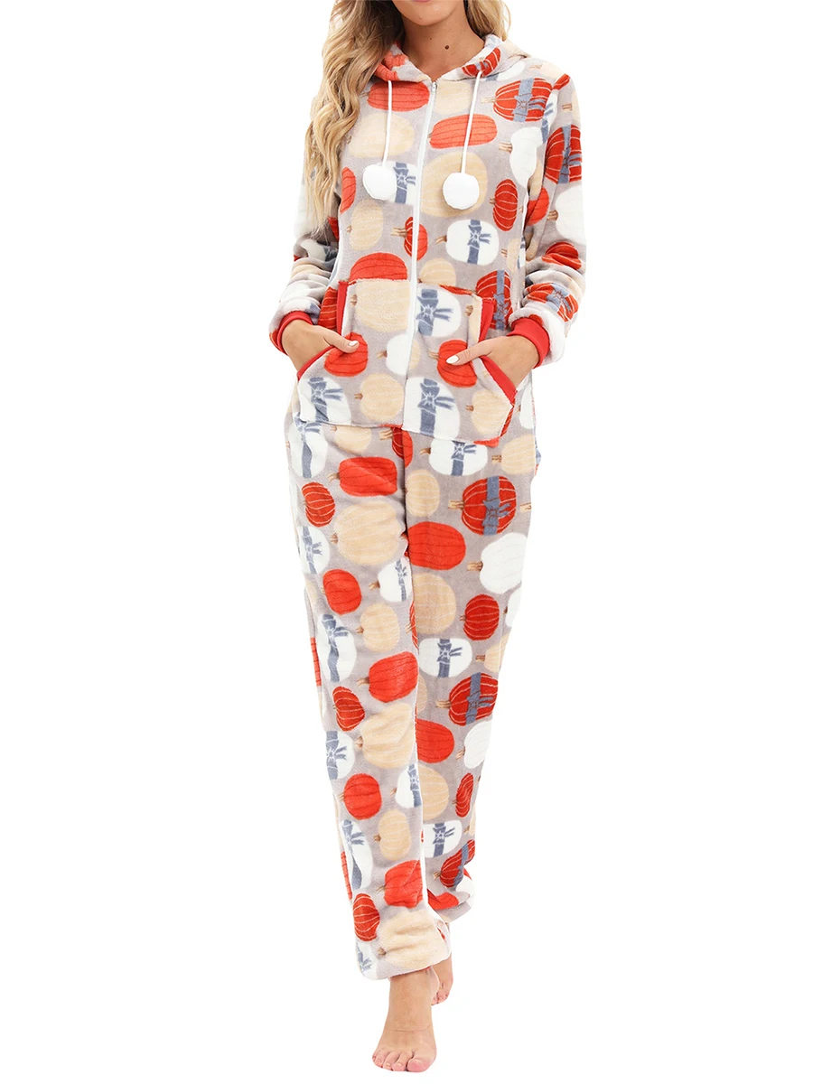 

Women Flannel Jumpsuit Pajama Soft Warm Long Sleeve Hooded Zipper Closure Lounge Sleepwear