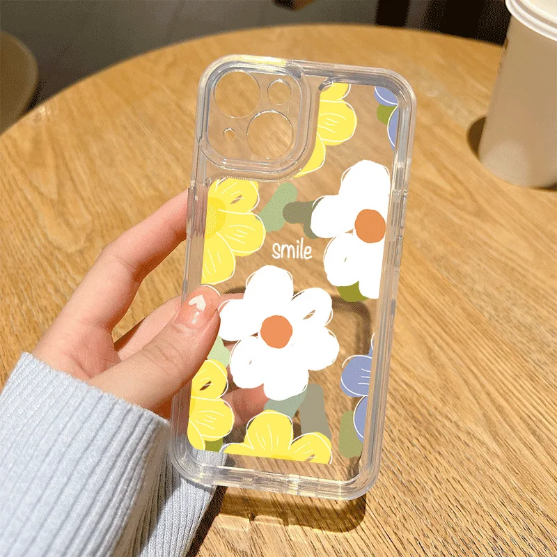 

Fashion Flowers Transparent Phone Case For iphone 11 12 13 14 Pro Max 8Plus 14 X Lens Protection Shockproof Soft Cover
