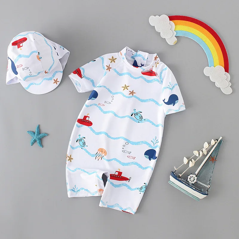 Baby Girls Boys Swimwear With Cap Sets Surfing Wear Fish Swimming Suit Infant Toddler Kids Children Swimwear Beach Bathing Suit