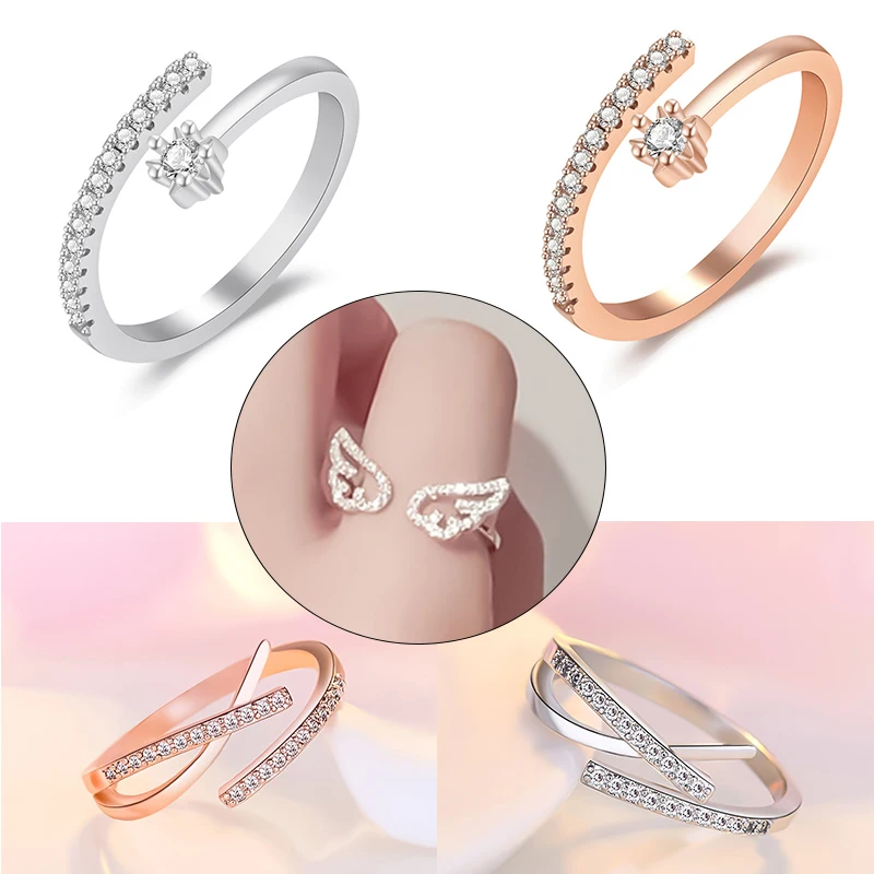 Cute Angel Wing Ring Women Zircon Pentagram Star Adjustable Copper Crystal Finger Rings Party Birthday Jewelry Gift