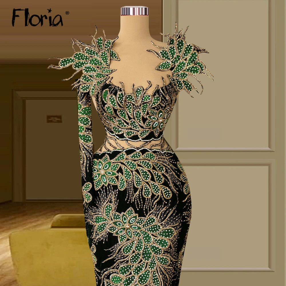 Женское вечернее платье с вышивкой темно-зеленое велюровое 3D роскошное