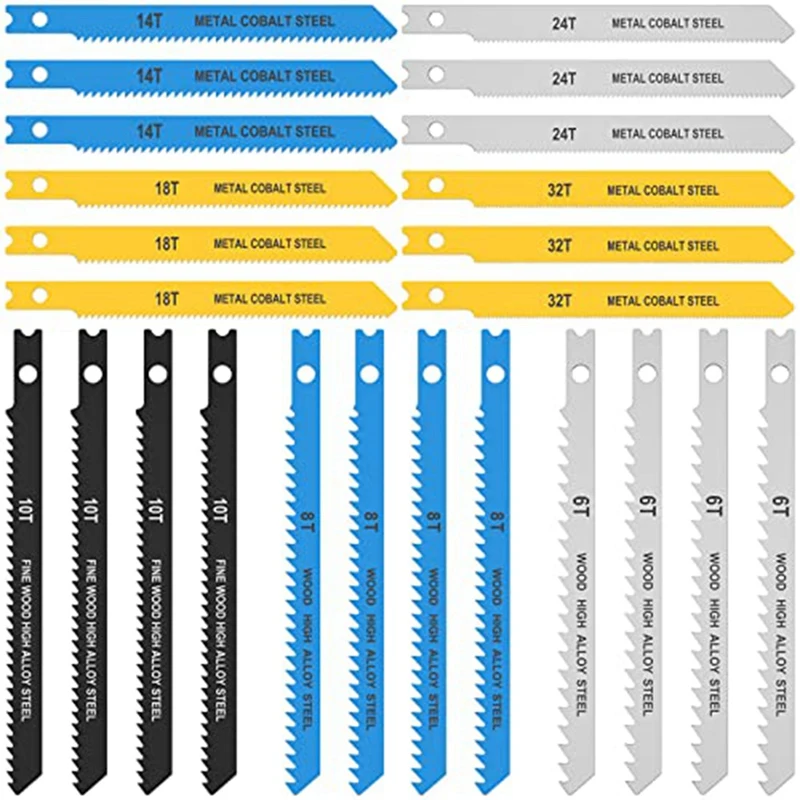 

24Pcs Jig Saw Blade Set High Assorted Saw Blades Jig Saw Blade Includes 6T 8T 10T 14T 18T 24T 32T For Wood Metal Plastic Cutting