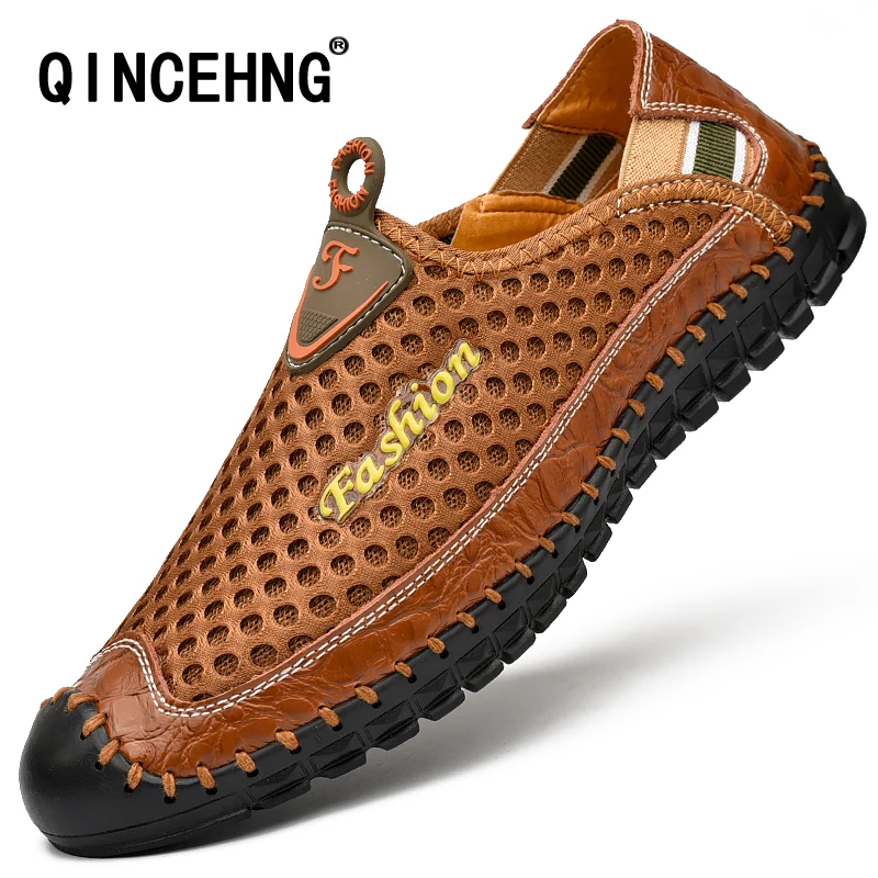 

2022 summer new breathable leather handmade shoes men's soft sole mesh shoes casual loafers driving shoes masculino sapato