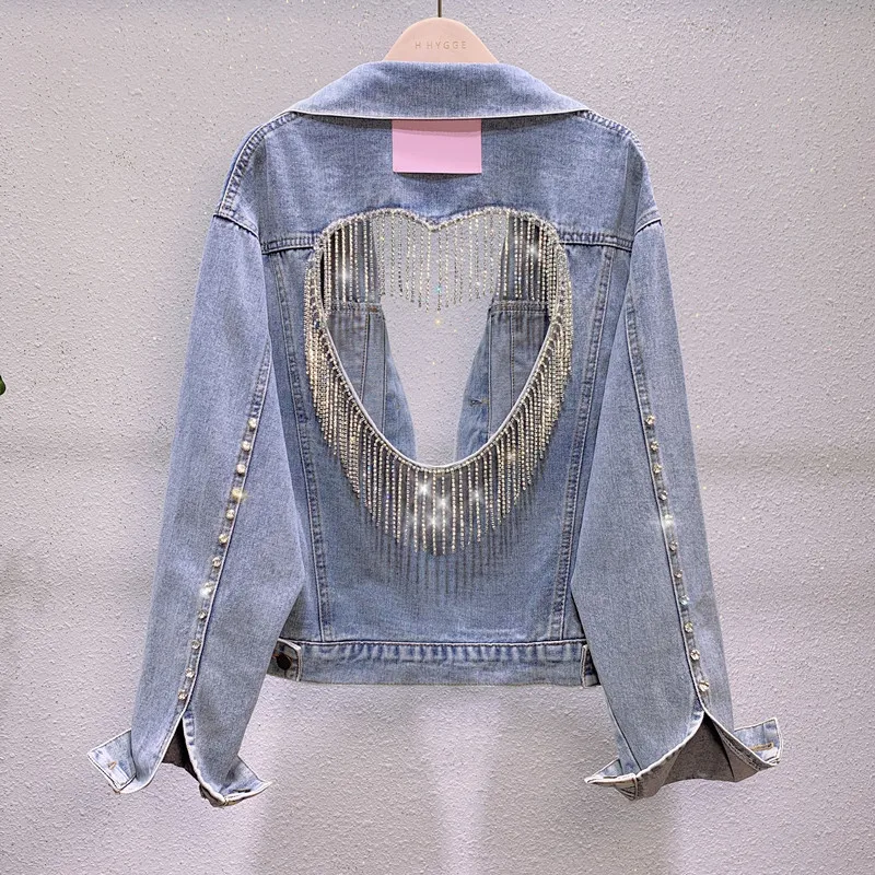 

ZWTY Autumn New Heavy Industry Rhinestone Lassel love Backless Denim Short Jacket Fashion top