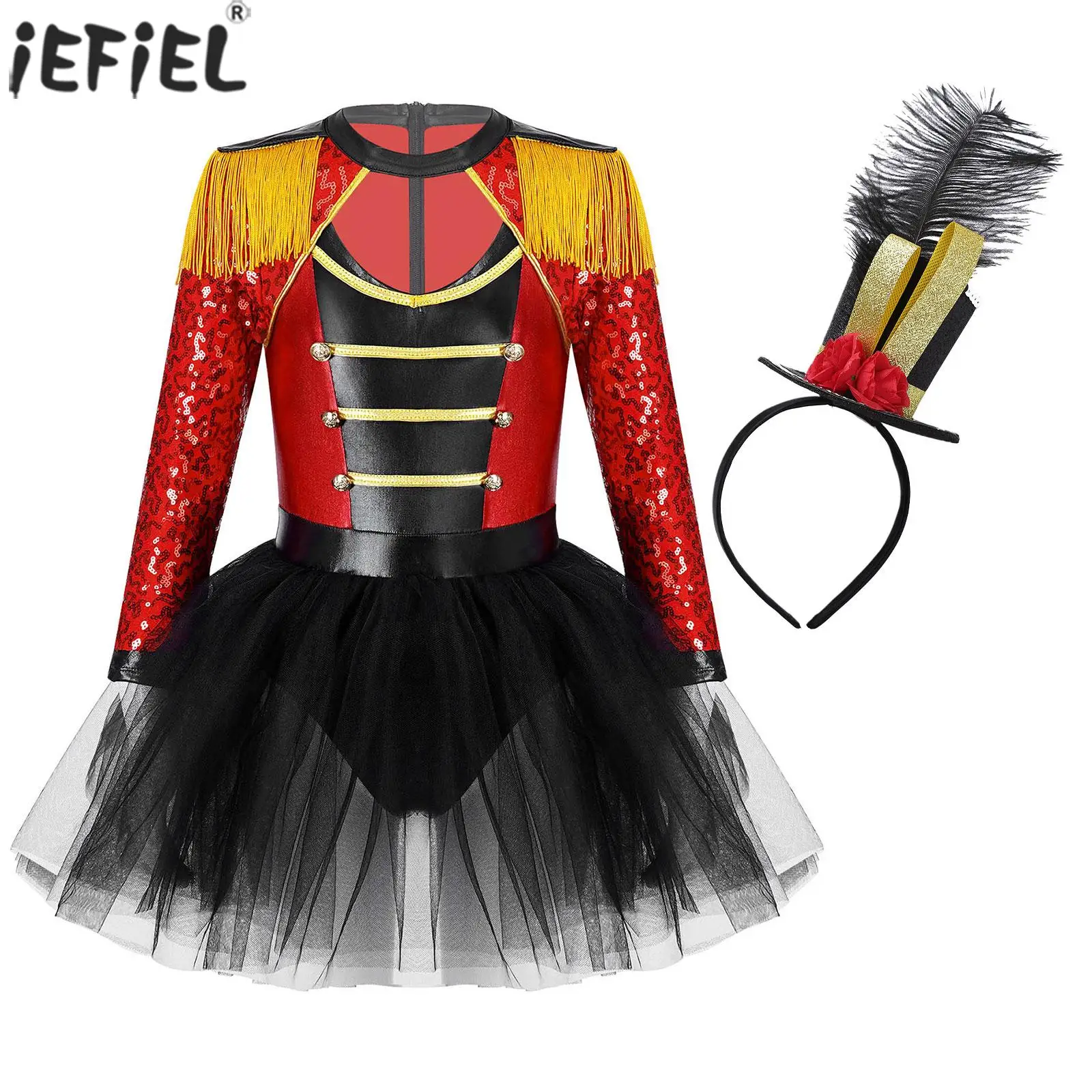 Disfraz de mago de maestro de ceremonias de circo para niñas, vestido tutú de leotardo de lentejuelas de manga larga, conjunto de Cosplay para fiesta temática de domador de León de Halloween