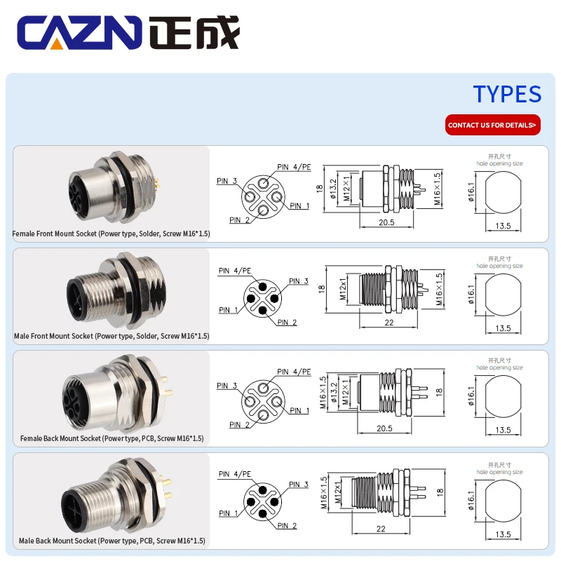 M12 S-код мужская и женская передняя монтажная розетка 3-контактный металлический