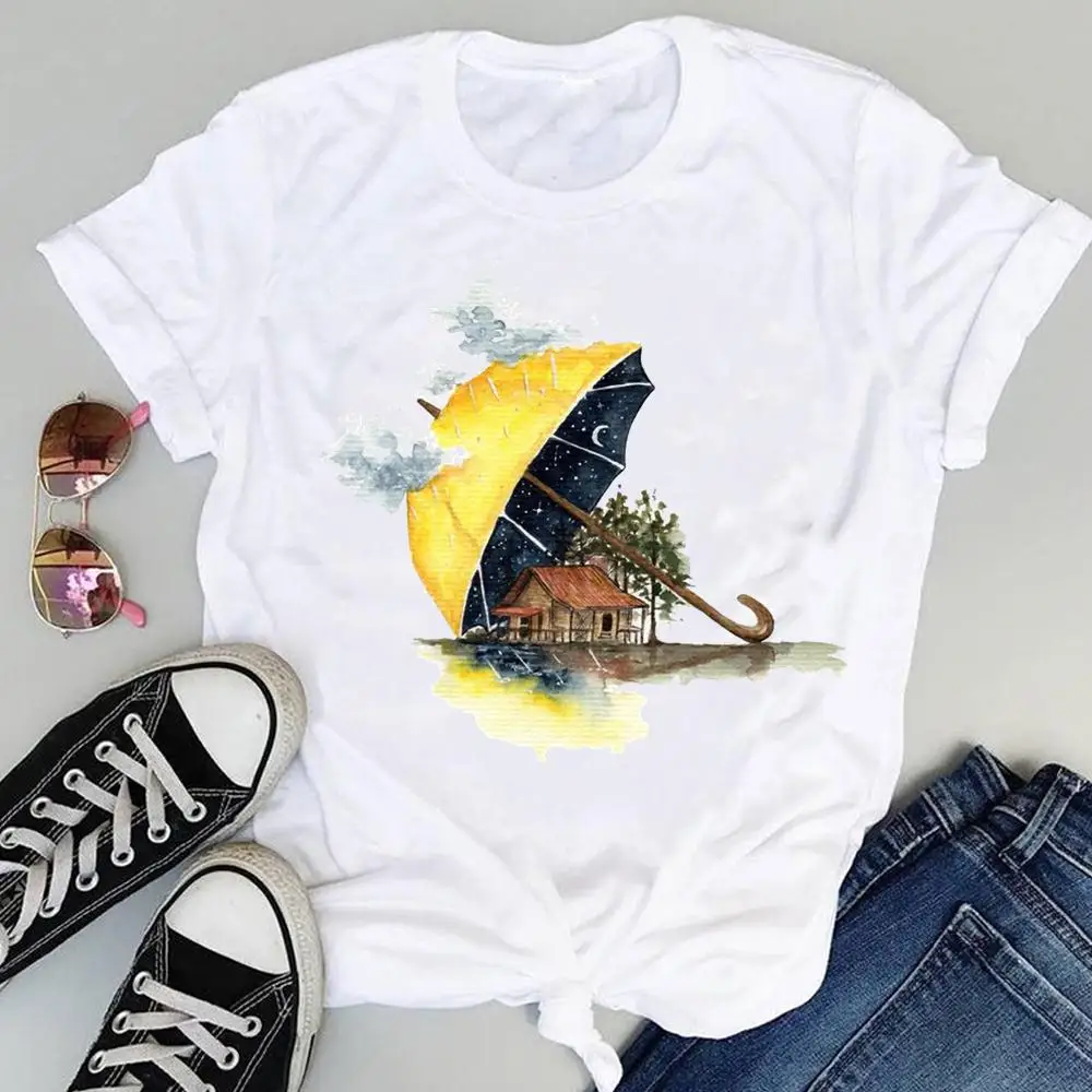 

Women Clothing Cartoon Watercolor Moon Star Fashion Print Sweet Summer Short Sleeve Lovely Clothes Tops Tees Tshirt T-Shirt