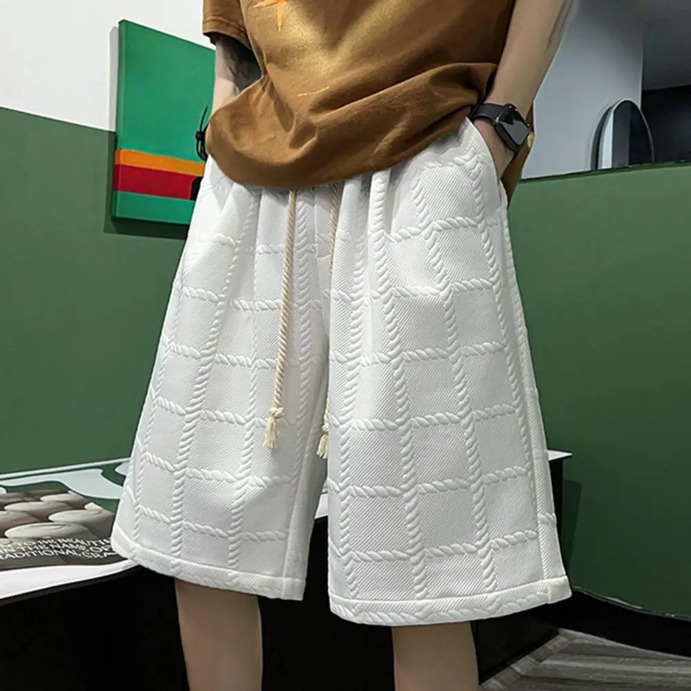 

Summer Men Shorts Elastic Waistband Mid-rise Sport Shorts Drawstring Pockets Wide Leg Shorts Plaid Texture Basketball Shorts