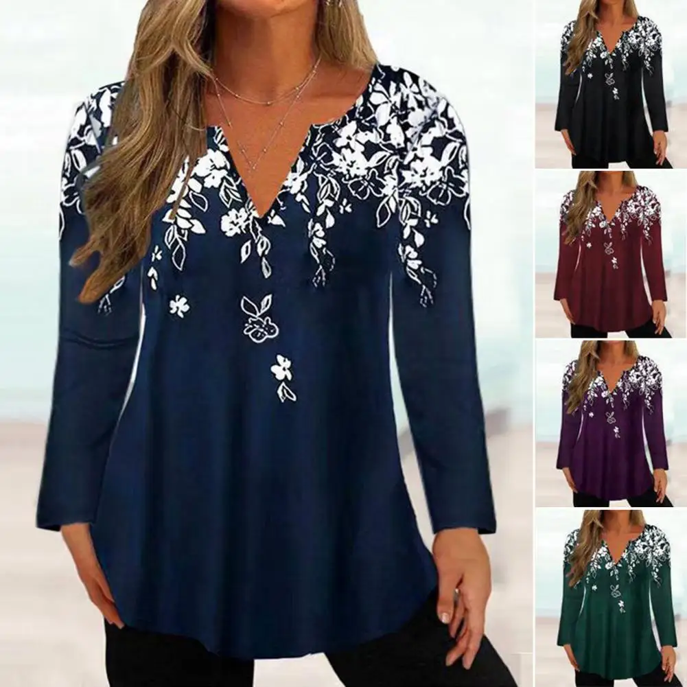 

Spring Autumn Women Autumn Top Floral Print V-neck Long Sleeve Tunic Tops Slim Fit Loose Hem Pullover T-shirt Streetwear
