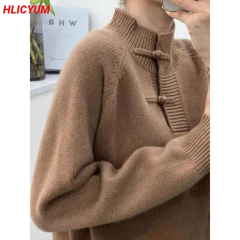 

Fall/Winter 100% Wool Sweater Pull Casual Splice Half High Neck Knitwear Loose Women's Tops Overside Thickened Cashmere Pullover
