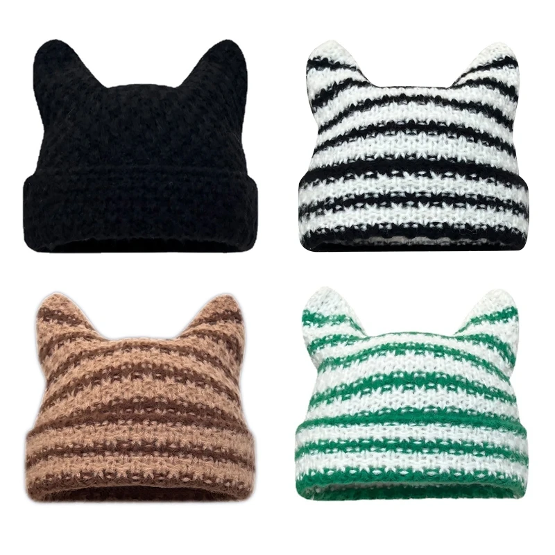 

Crochet Knitted Hat Skullies Beanie Devil Horn Hat Beanie Cute Bunny Hat Women Autumn Winter Warm Funny Hat