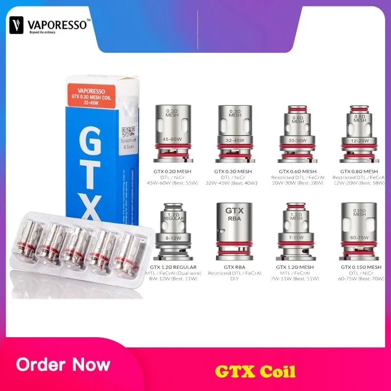 

Vaporesso GTX Mesh Coil 0.3ohm 0.2ohm 0.6ohm 0.8ohm Head GTX Coil For Target PM80 PM30 Pod Authentic 5pcs/Pack