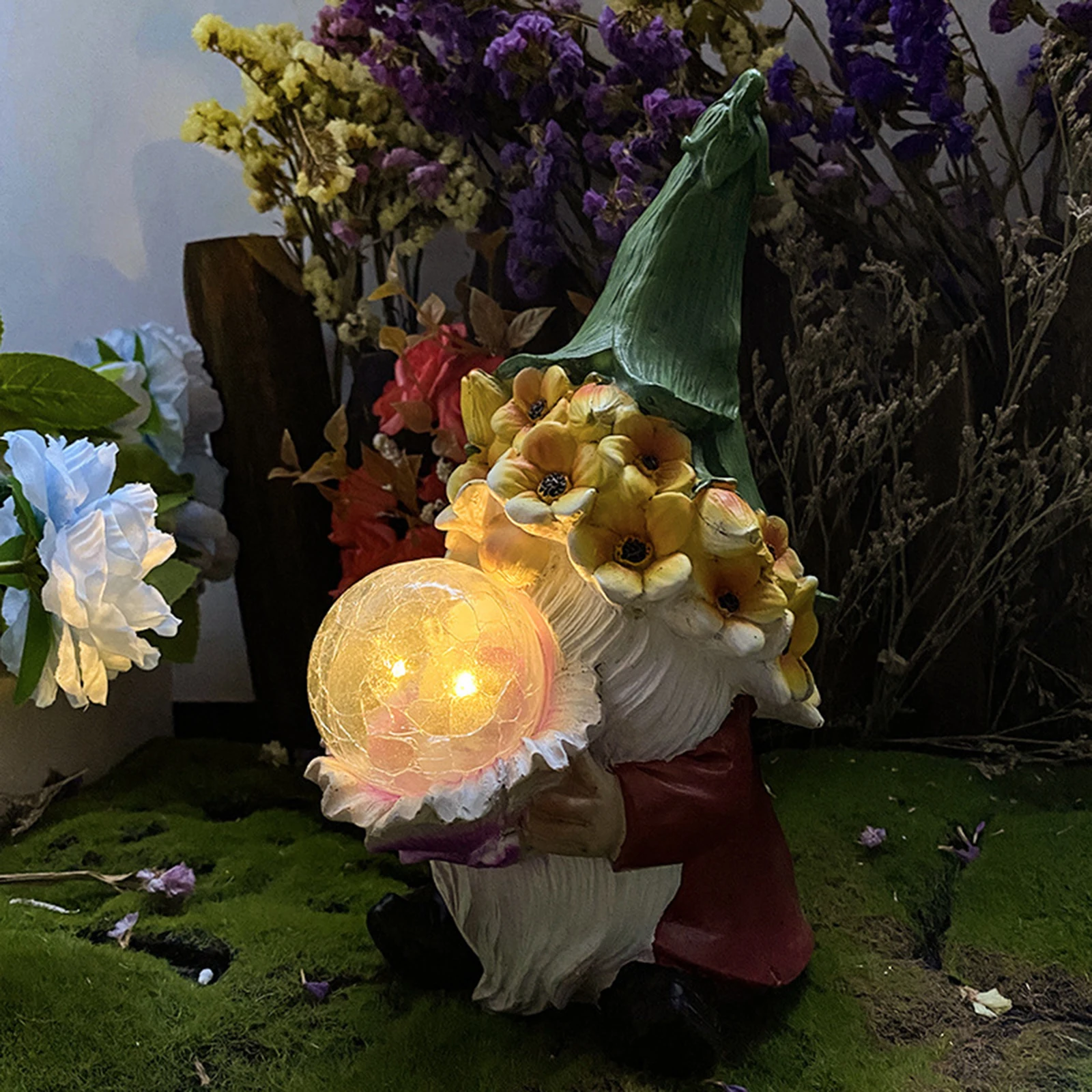 

Resin Flower Dwarfs Sculptures Cute Solar Light Garden Elf Statue Ornament Waterproof Art Crafts Christmas Gifts Home Lawn Decor