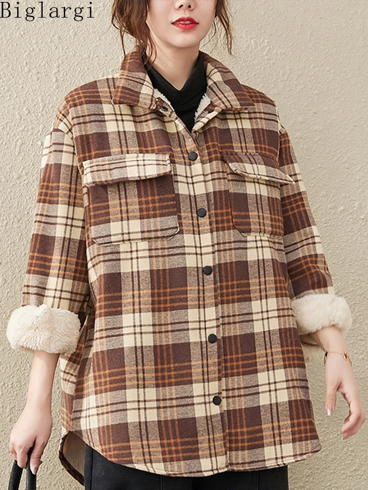 

Oversized Loose Winter Plaid Velve Shirt Coat Women Casual Big Size Ladies Womens Coats 2023 New Korean Vintage Thicken Jacket