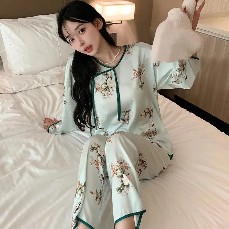 

Пижамный комплект Женский из двух предметов, одежда для сна с круглым вырезом и принтом, искусственный шелк, весна-лето