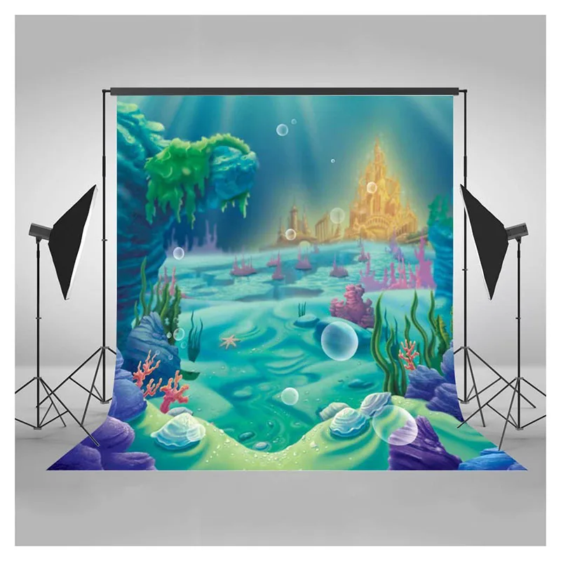

Under The Sea Little Mermaid Backdrop 5x7ft Vinyl Shell Sea Grass Castle Photography Background Baby Kids Birthday Party Banner