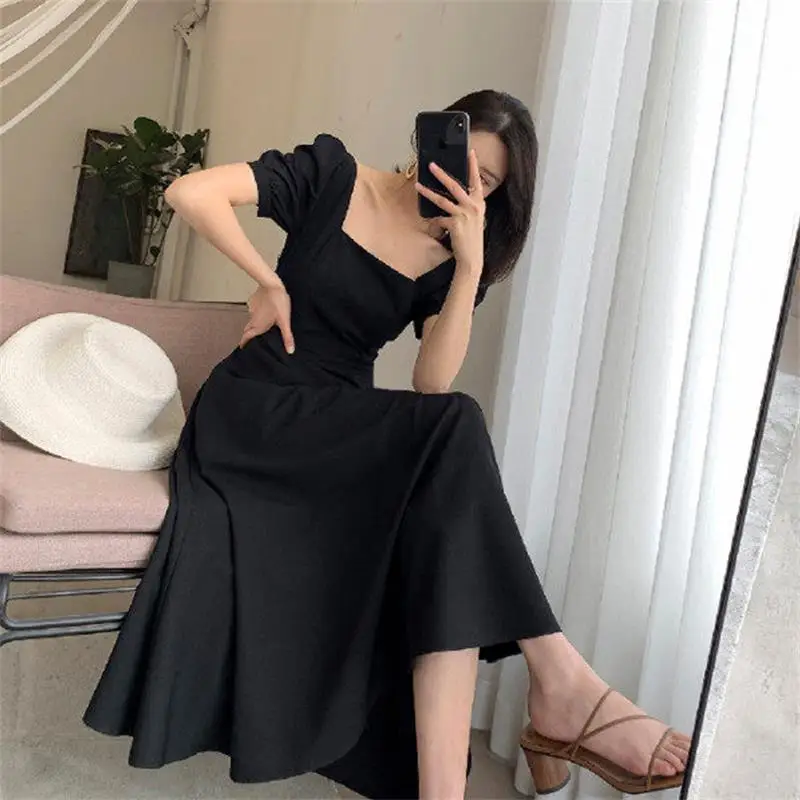 

New Summer Women's Dress Fashion Solid Color Dress Retro Square Collar Temperament Short Sleeve Dress French Hepburn Long Robe