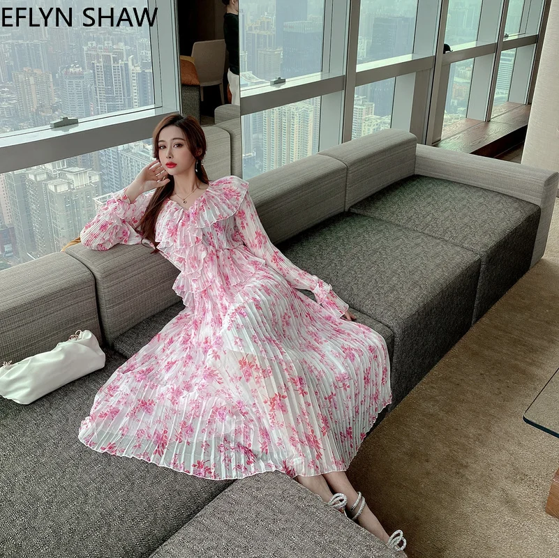 

Summer Dress Women Sweet Pink Long Sleeves Floral Print Long Dress 2021 New Casual Fashion V Neck Ruffled Pleated Dress Seaside
