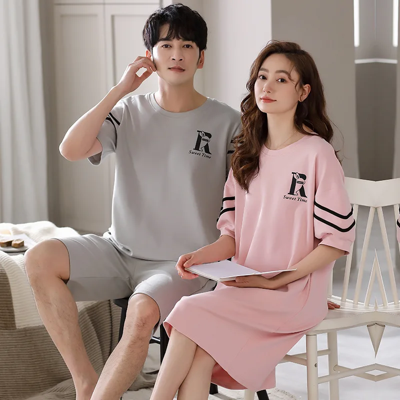 Summer Couple Pajamas Short-sleeved Cotton Thin Sleepwear Simple Casual Comfortable Two-piece Suits Women Men Home Wear Sets