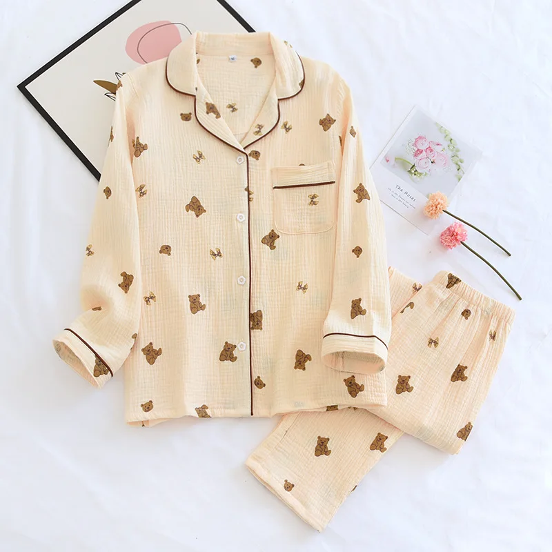

2022 Cotton Gauze Pajamas for Women Long Sleeve Thin Home Clothes Cartoon Turn-down Collar Loungewear 2 Piece Set Summer Pijama