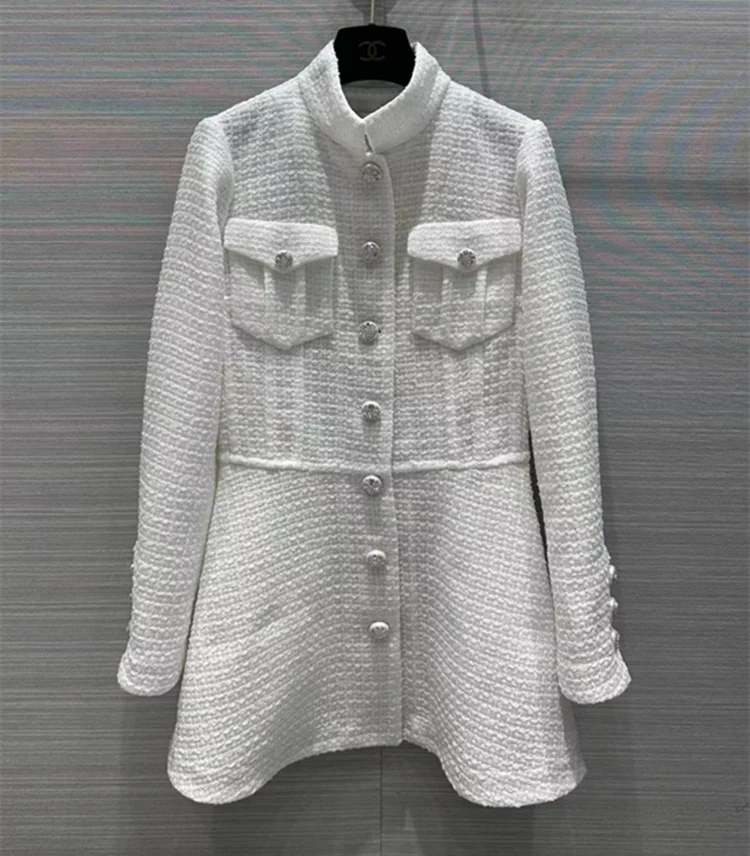 

European and American women's clothes 2023 spring new Long-sleeved stand-up collar single breasted fashion White tweed coat