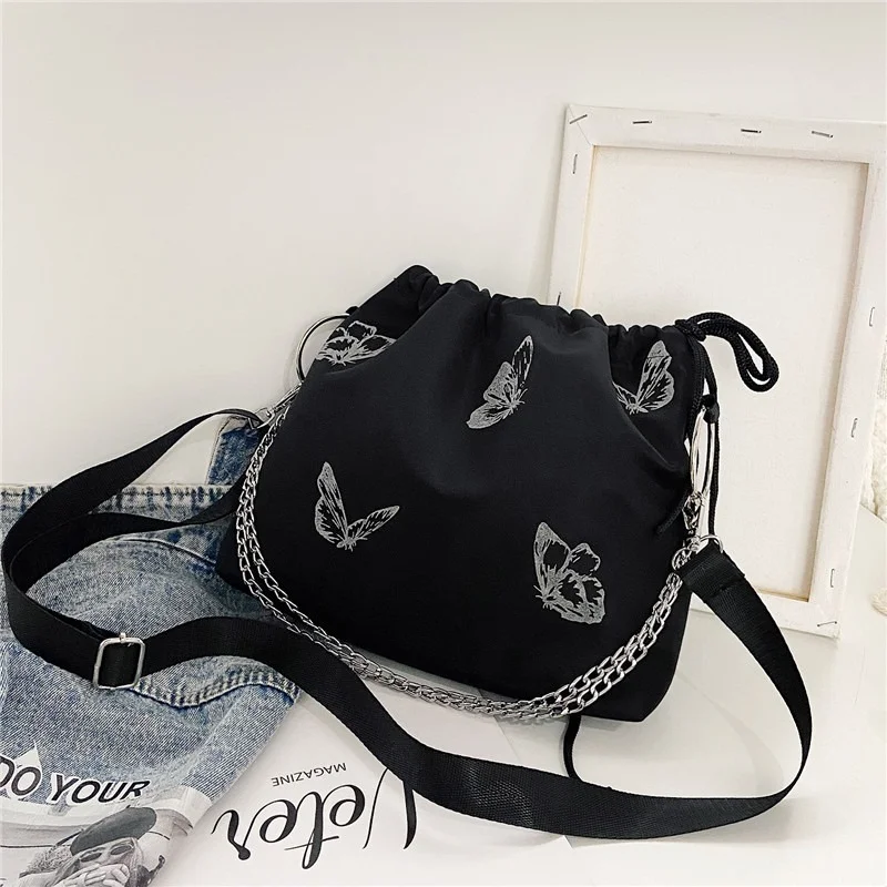 

Fashion Luminous Butterfly Messenger Bag Women Drawstring Chain Shoulder Pouch Nylon Casual Lady Handbag